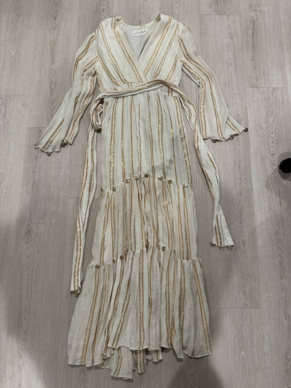 Boho Wrap Maxi Dress in Ivory with Gold Stripe